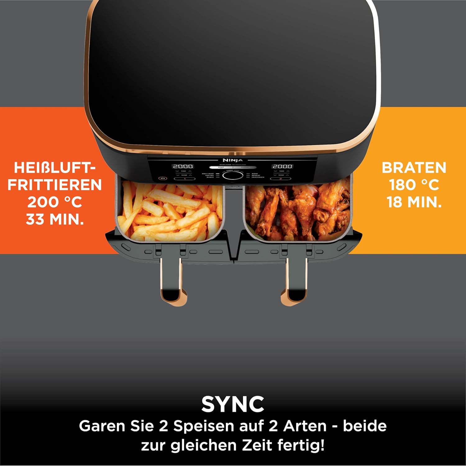 Ninja Foodi MAX Dual Zone Heißluftfritteuse, 9,5L Airfryer, 2 Fächer, mit Zange, Antihaftbeschichtung, spülmaschinenfeste Körbe, 6-in-1