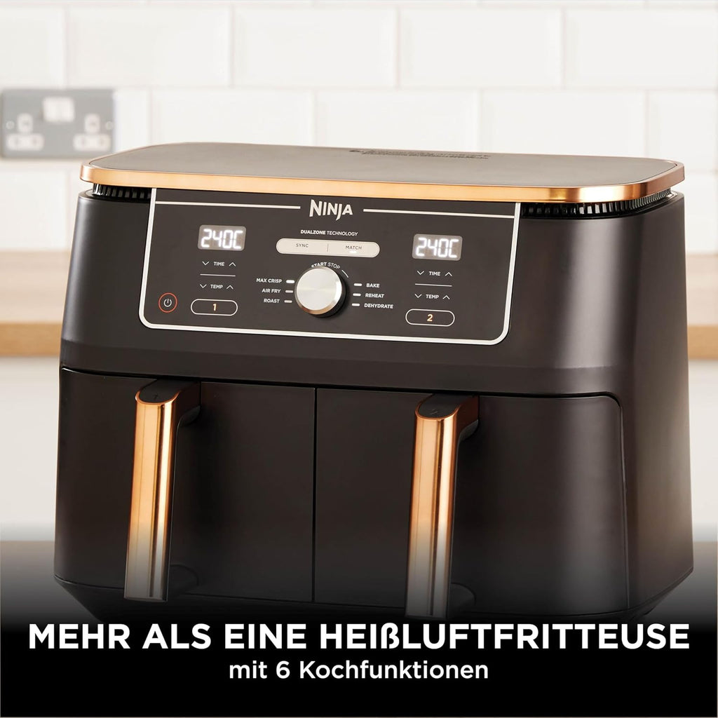 Ninja Foodi MAX Dual Zone Heißluftfritteuse, 9,5L Airfryer, 2 Fächer, mit Zange, Antihaftbeschichtung, spülmaschinenfeste Körbe, 6-in-1