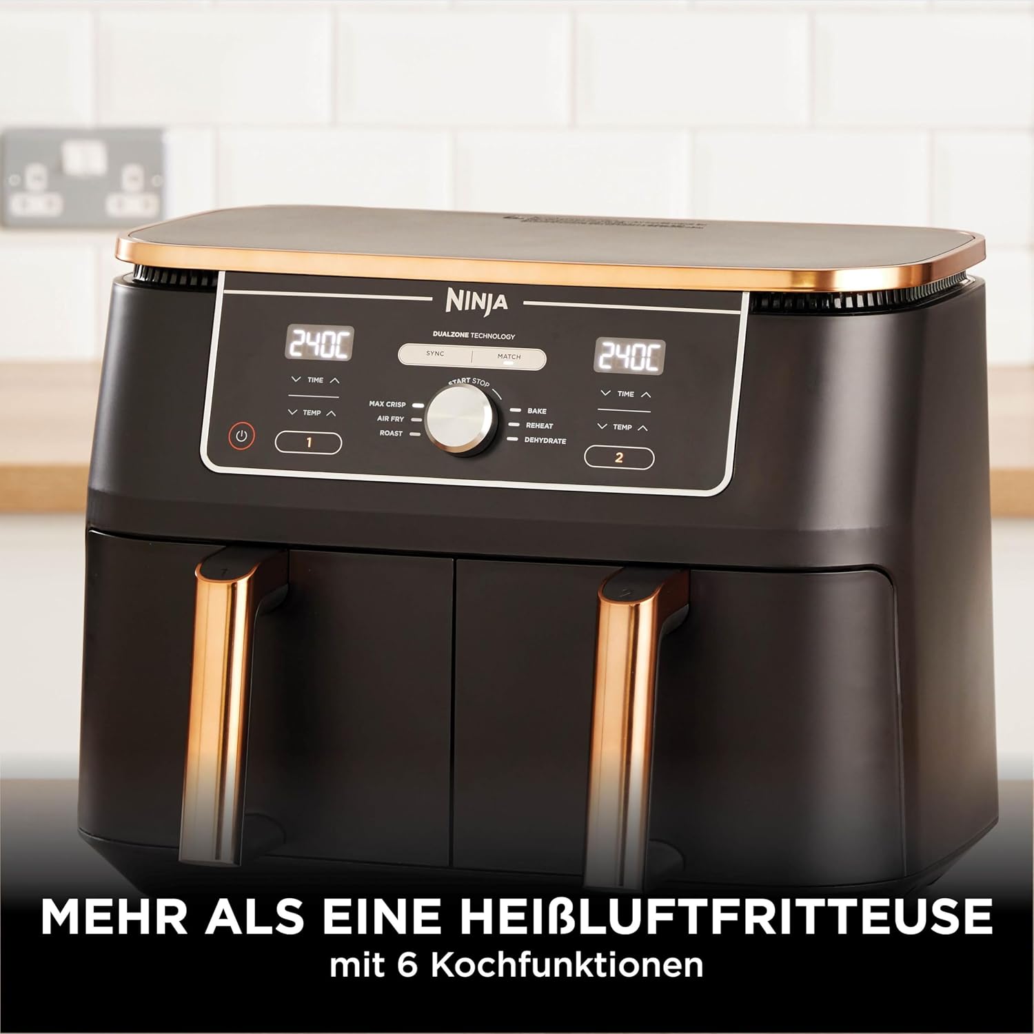 Ninja Foodi MAX Dual Zone Heißluftfritteuse, 9,5L Airfryer, 2 Fächer, mit Zange, Antihaftbeschichtung, spülmaschinenfeste Körbe, 6-in-1