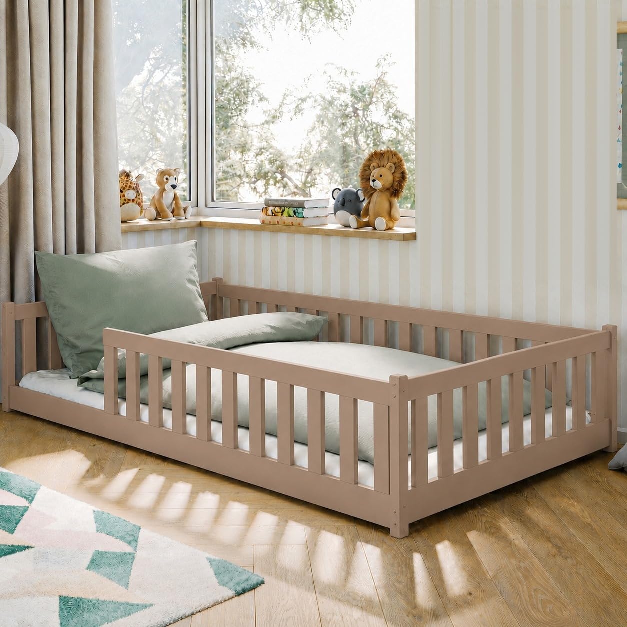 Kids Collective Kinderbett Bodenbett 120x200 cm Bett mit Rausfallschutz & Lattenrost Montessori Bett Bed Gitterbett Kinder Jugendbett Einzelbett |