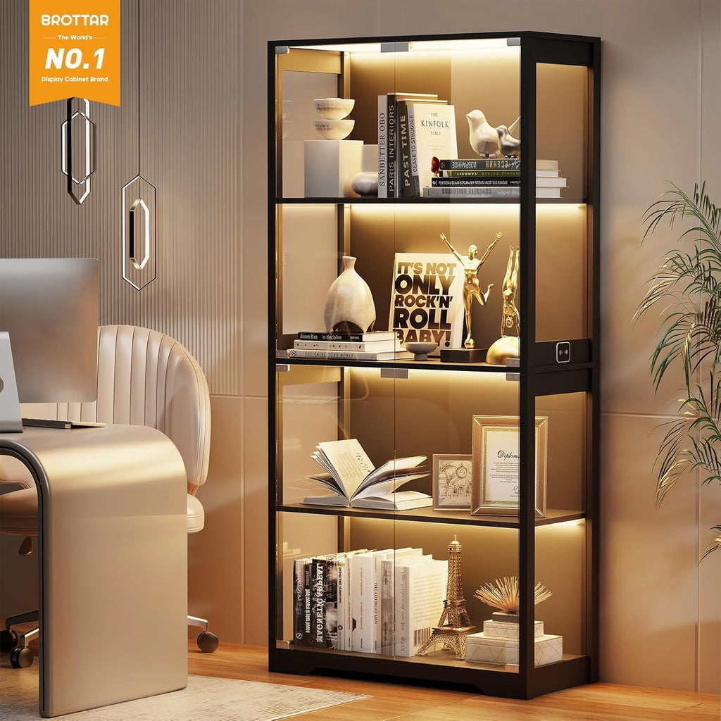 BROTTAR Beleuchtete Glasvitrine mit LED Sensor, moderner Vitrinenschrank & Standvitrine, 4 Etagen Sicherheitsglas Vitrine für Lego, Figuren und