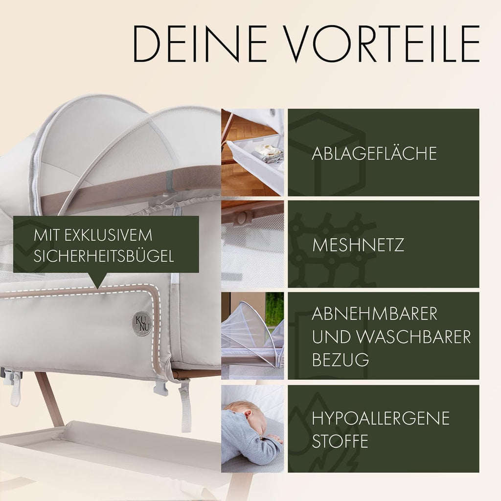 KUNU Baby Beistellbett 3in1 Beige – Höhenverstellbares Babybett mit Rollen, Matratze, Wiegefunktion & Moskitonetz