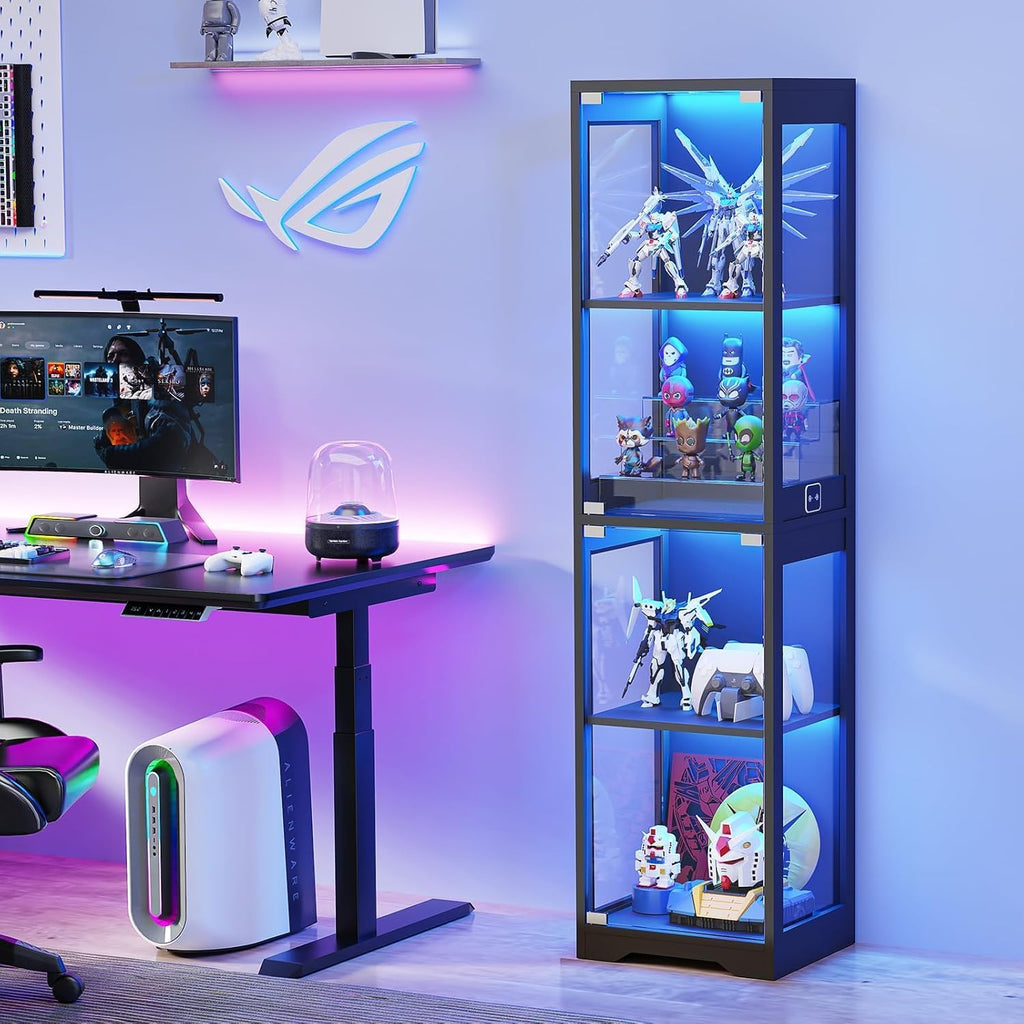 BROTTAR Glasvitrine mit Dreifarbig LED Beleuchtung und Glastüren, Glasvitrine Stehend mit Körpersensor-System, Sammlervitrine für Wohnzimmer, Büro