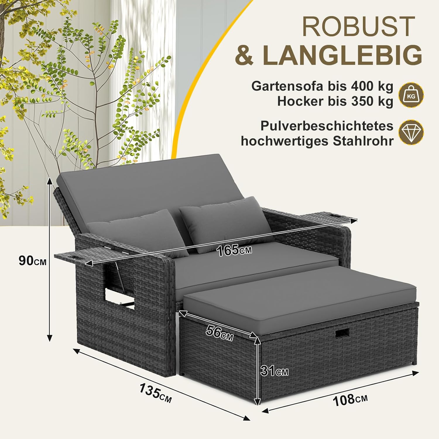 UDPATIO Rattan Lounge Sofa 2-Sitzer Grau mit Hocker & Stauraum, verstellbare Rückenlehne, Gartenmöbel Set aus PE-Rattan für Balkon & Terrasse