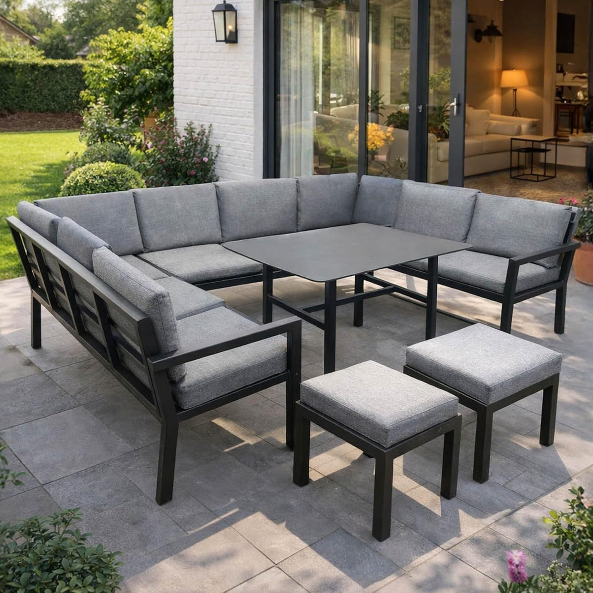 BRAST Madrid Garten Lounge Set 11 Personen Hellgrau – U-Form Outdoor Sitzgruppe mit Esstisch, Sofa & Hockern, Wetterfest