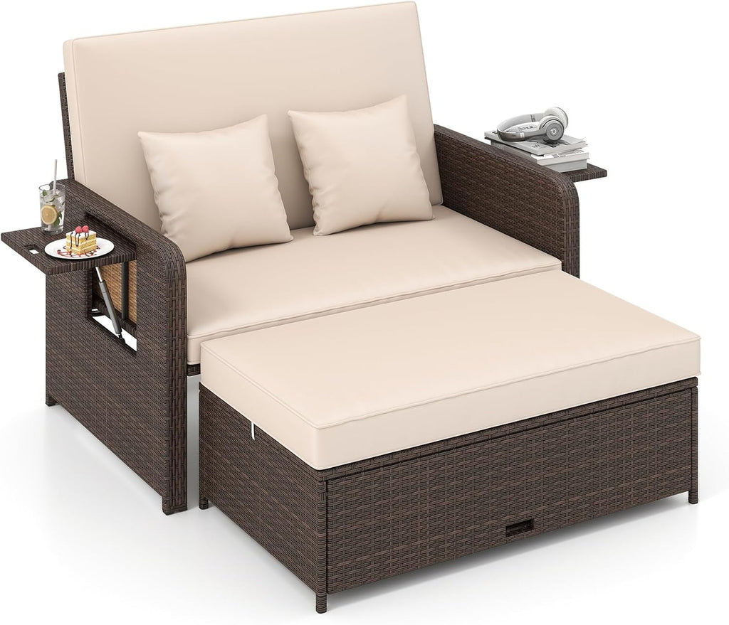 GIANTEX Rattan Lounge Gartenmöbel Set 2-Sitzer mit Doppelliege & Hocker, Outdoor Sofa mit Stauraum, verstellbar für Balkon & Terrasse