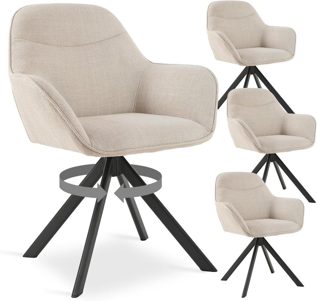 Esszimmerstühle Drehbar 4er Set mit Armlehne, 360° drehbar, Polsterstuhl Leinen, Drehstuhl Esszimmer Beige, Küchenstuhl mit Metallbeine für