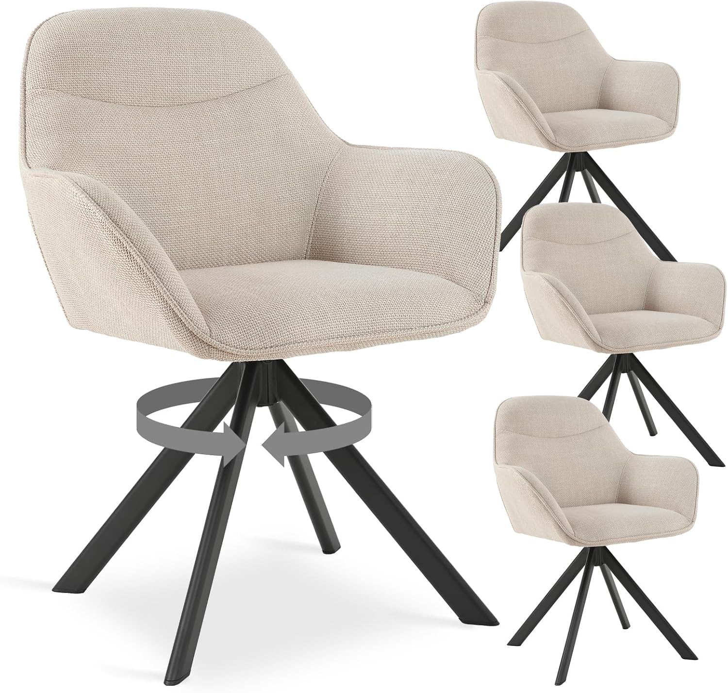 Esszimmerstühle Drehbar 4er Set mit Armlehne, 360° drehbar, Polsterstuhl Leinen, Drehstuhl Esszimmer Beige, Küchenstuhl mit Metallbeine für