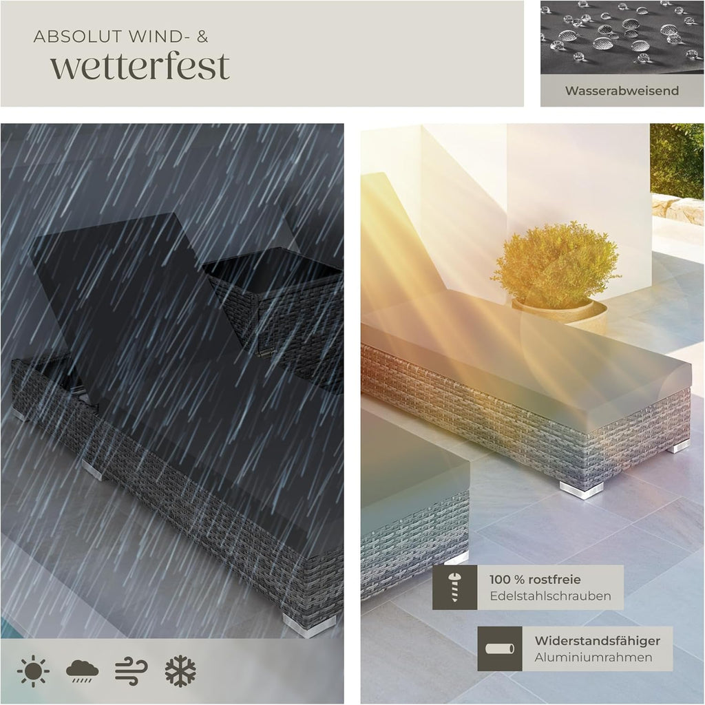 tectake 2er Gartenliegen Set mit Tisch – Polyrattan Sonnenliegen aus Aluminium, 5-fach verstellbar, mit Schutzhüllen