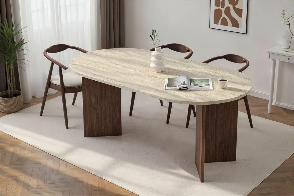 Moderner Esstisch, 180 x 90 x 75 cm, Travertine & Walnuss-Farben | 100% melaminbeschichtete Spanplatte, 25 mm Stärke | stilvolles & langlebiges
