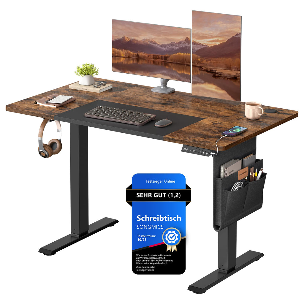 SONGMICS Höhenverstellbarer Schreibtisch 180x80 cm – Elektrischer Sitz-Steh-Schreibtisch mit USB, Organizer & Haken, Vintagebraun