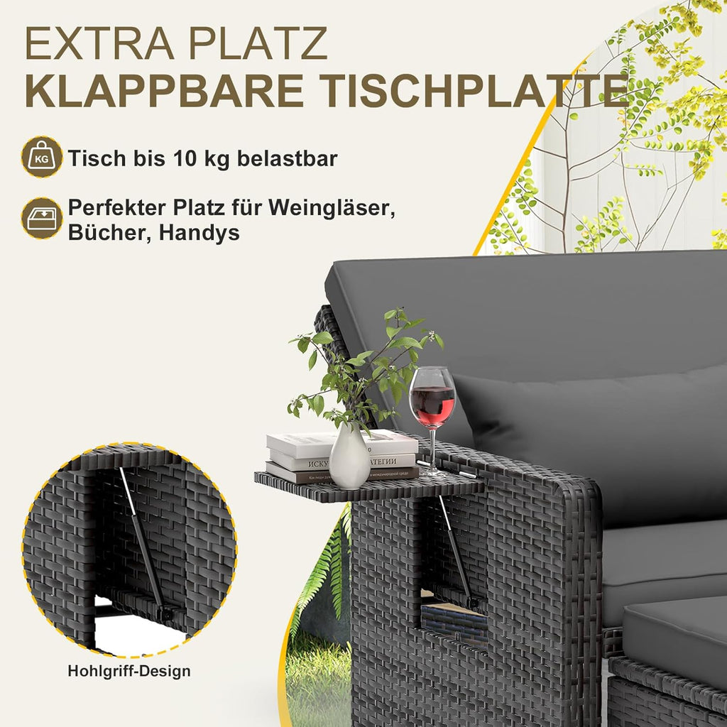 UDPATIO Rattan Lounge Sofa 2-Sitzer Grau mit Hocker & Stauraum, verstellbare Rückenlehne, Gartenmöbel Set aus PE-Rattan für Balkon & Terrasse