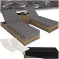 tectake 2er Gartenliegen Set mit Tisch – Polyrattan Sonnenliegen aus Aluminium, 5-fach verstellbar, mit Schutzhüllen