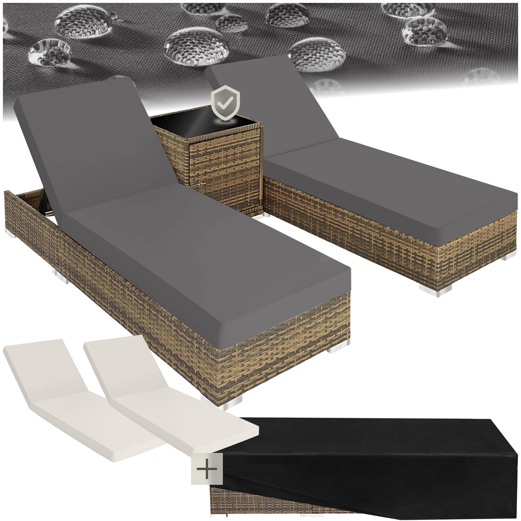 tectake 2er Gartenliegen Set mit Tisch – Polyrattan Sonnenliegen aus Aluminium, 5-fach verstellbar, mit Schutzhüllen
