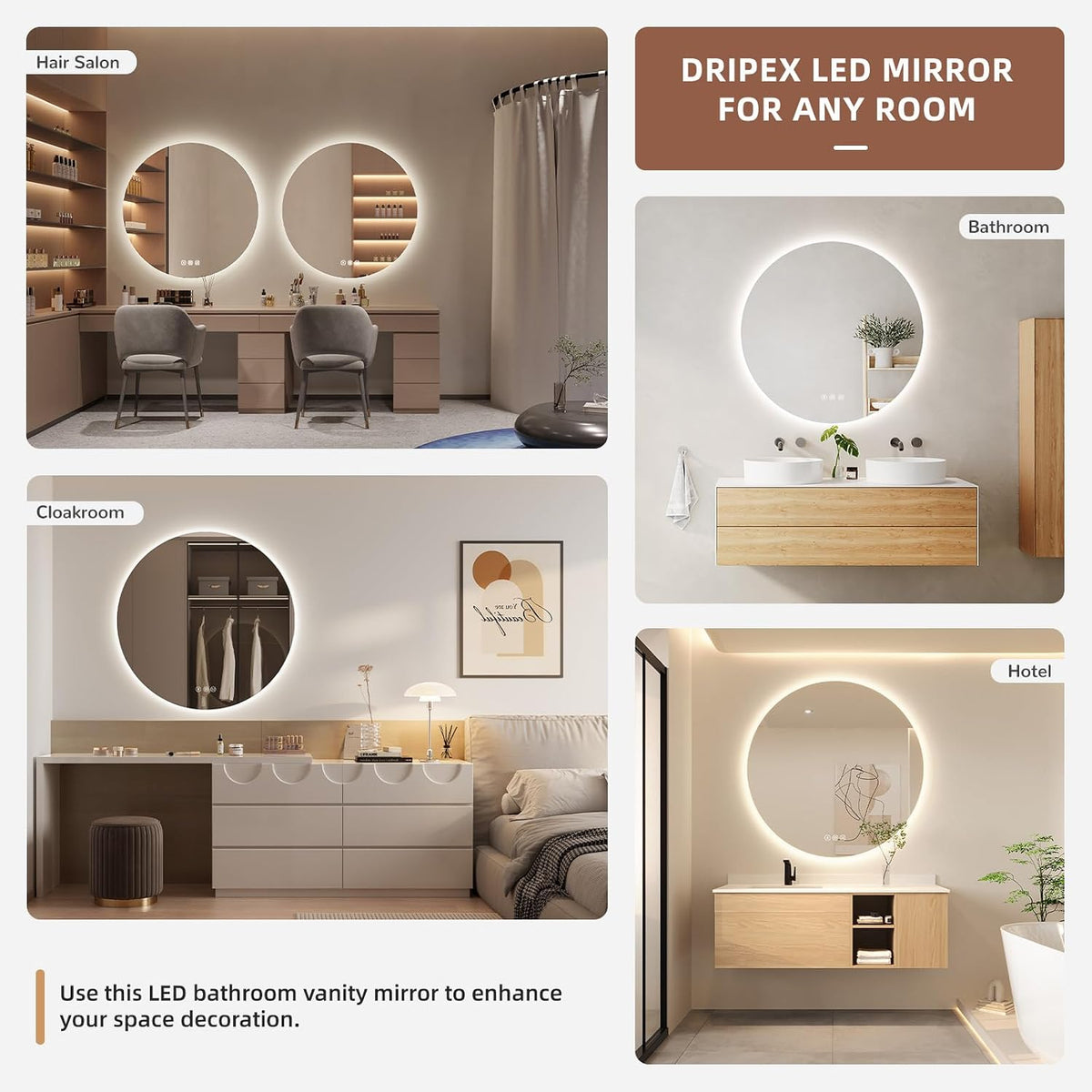 Dripex Badezimmerspiegel Led Badspiegel Rund, Touch-Schalter, Dimmbar, 3 Lichtfarbe Einstellbare Spiegel Bad mit Beleuchtung, LED Wandspiegel mit