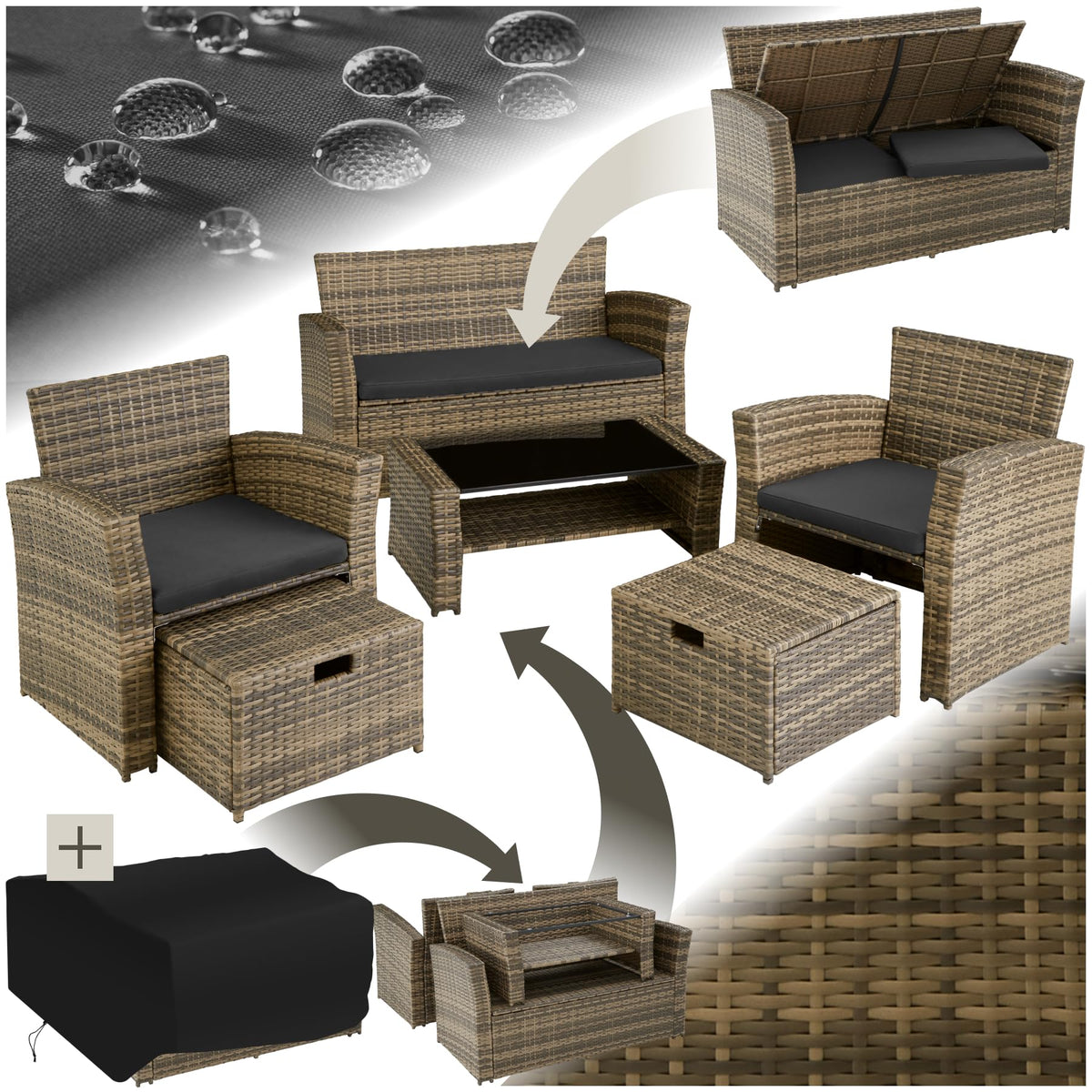 tectake Polyrattan Gartenmöbel Set 4 Personen mit Hocker & Auflagenbox – Garten Lounge Set mit Sofa, Tisch & Kissen für Balkon und Terrasse