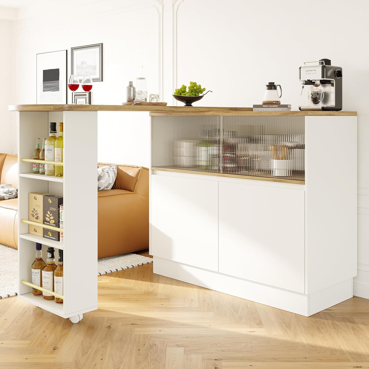 Merax Ausziehbarer Bartisch mit Stauraum, 360° drehbarer Beweglicher Bartisch Küchentheke Kücheninsel Kaffeeecke, mit Offene Ablagefächer
