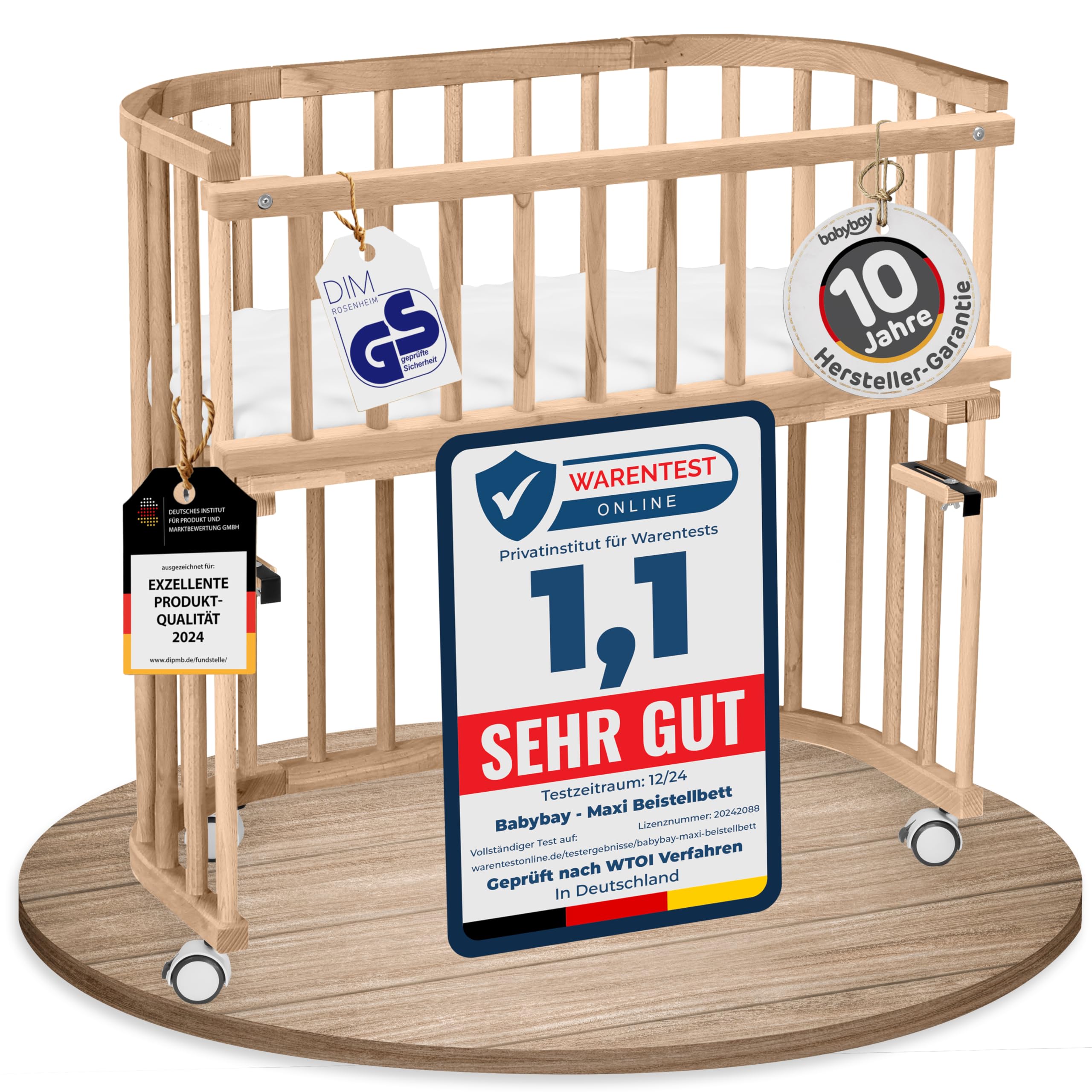 babybay Original Beistellbett aus massivem Buchenholz mit Matratze, höhenverstellbares Babybett für Neugeborene