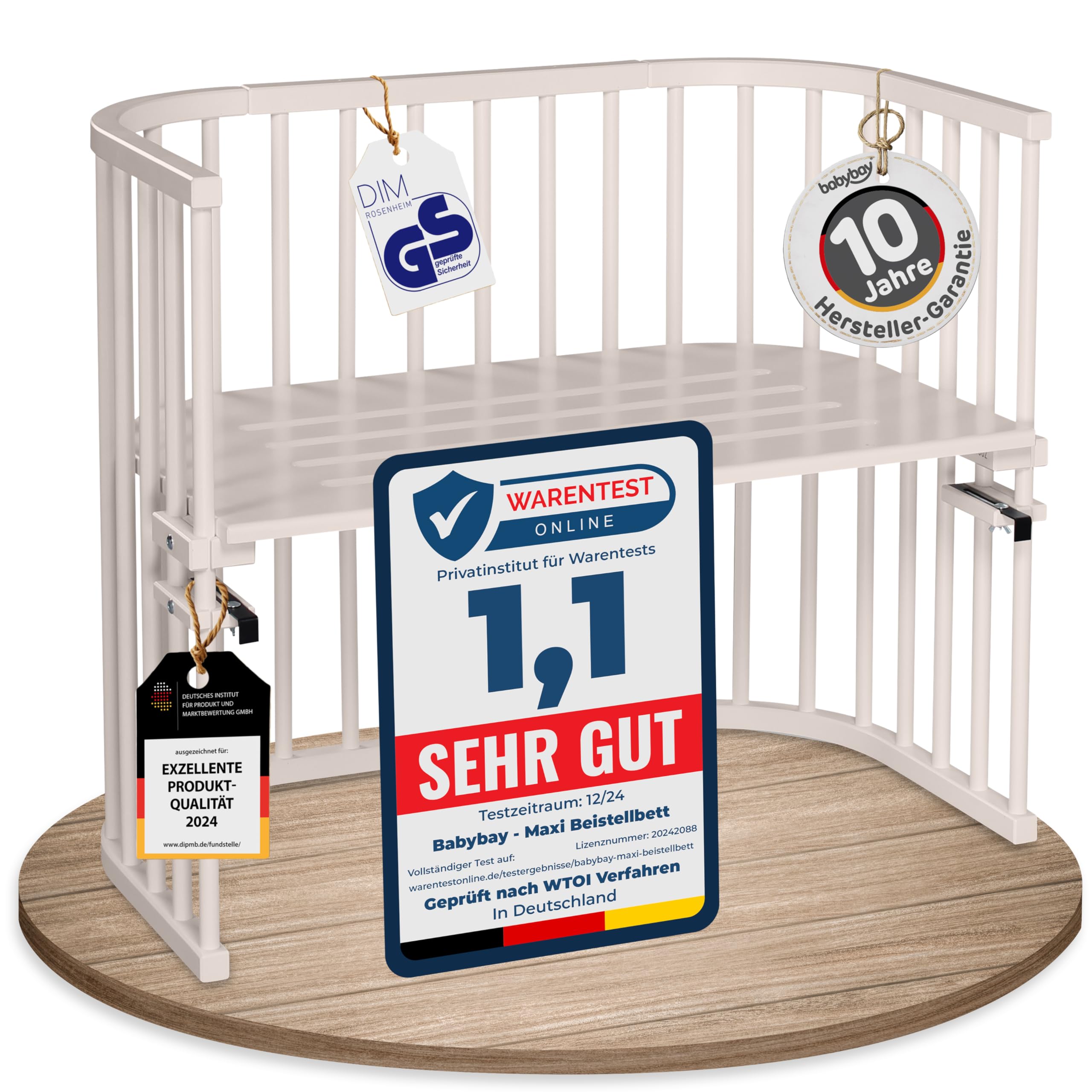 babybay Original Beistellbett aus massivem Buchenholz mit Matratze, höhenverstellbares Babybett für Neugeborene