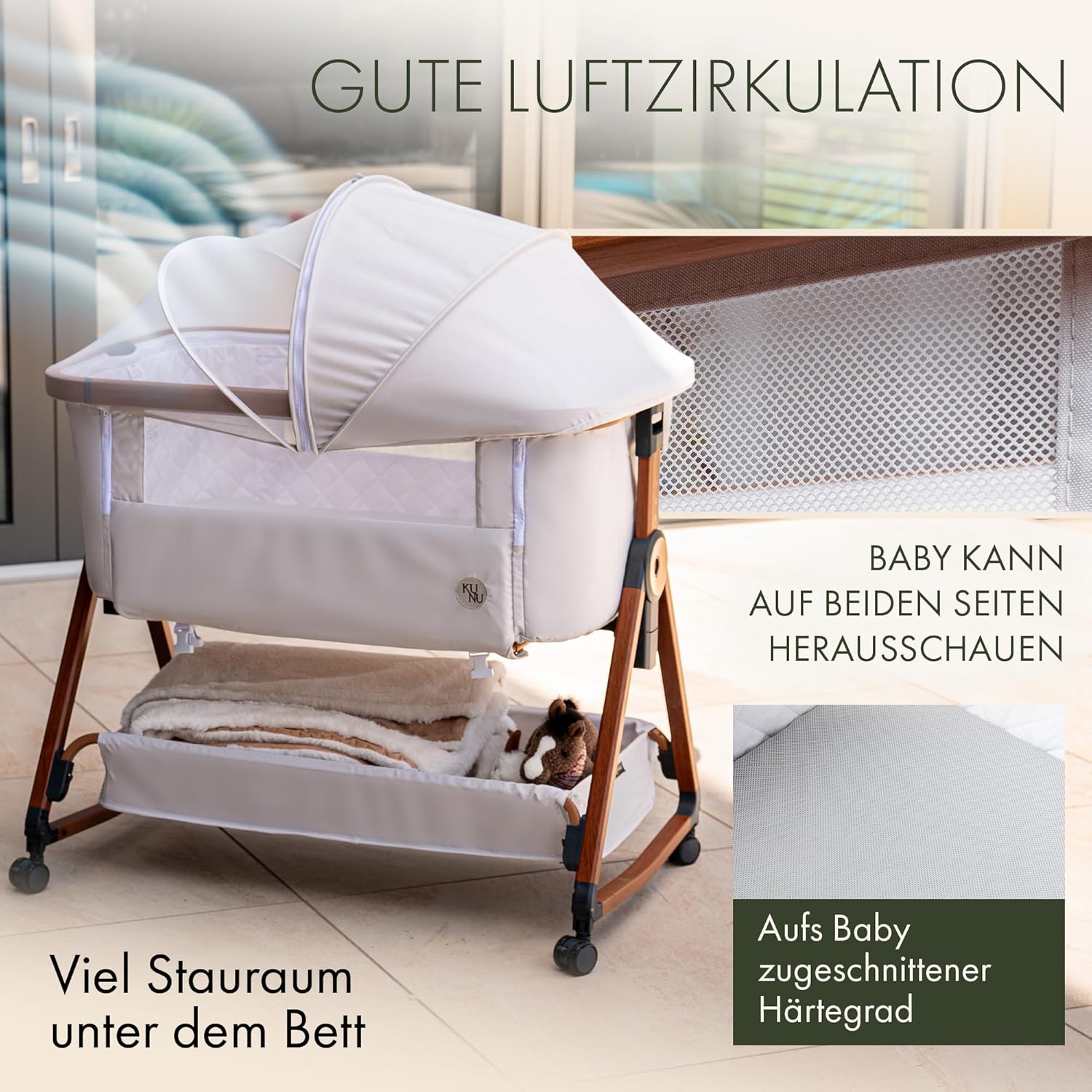 KUNU Baby Beistellbett 3in1 Beige – Höhenverstellbares Babybett mit Rollen, Matratze, Wiegefunktion & Moskitonetz