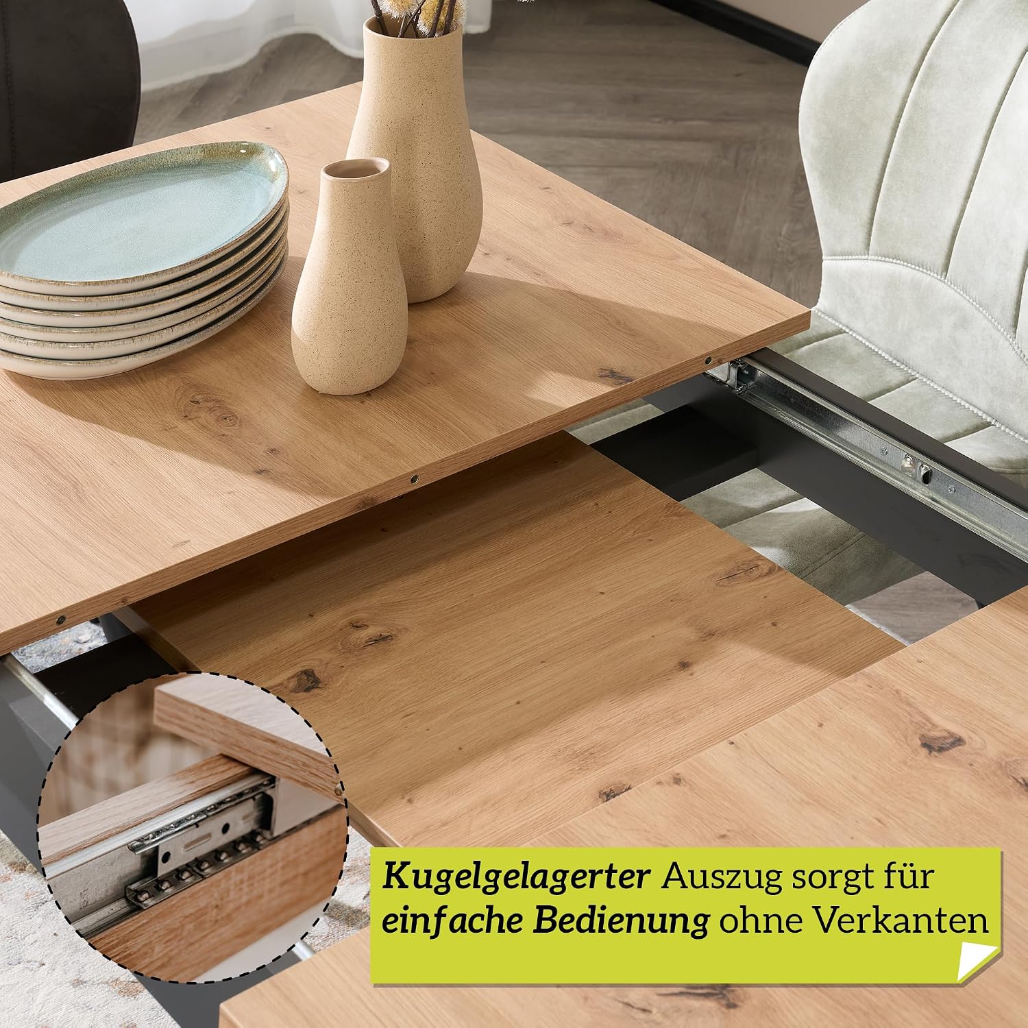 smart Esstisch 140x80 cm Asteiche, Küchentisch ausziehbar bis 180 cm, Esszimmertisch aus Holzwerkstoff inkl. erweiterbare Auszugsplatte, moderner