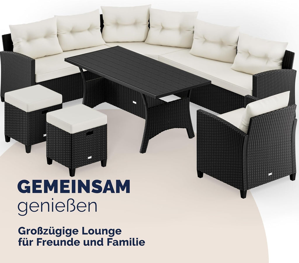 Casaria Polyrattan Ecklounge Set Schwarz für 9 Personen – Gartenmöbel Set mit WPC Tisch, Sessel & 2 Hockern