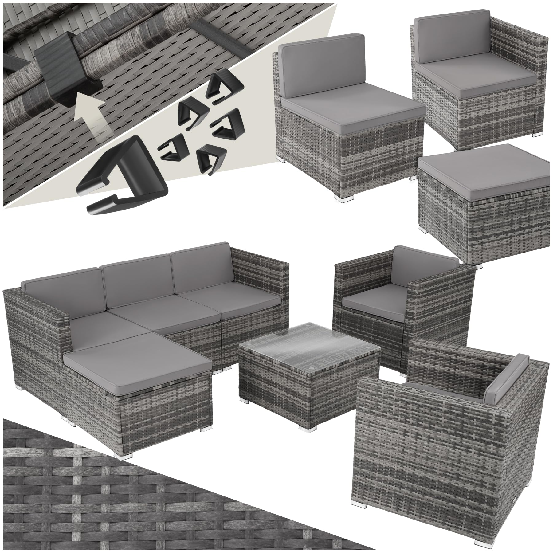 tectake Gartenmöbel Set Poly Rattan mit Sofa, Sesseln, Hocker & Tisch, modulare Gartenlounge wetterfest für Garten, Terrasse & Balkon