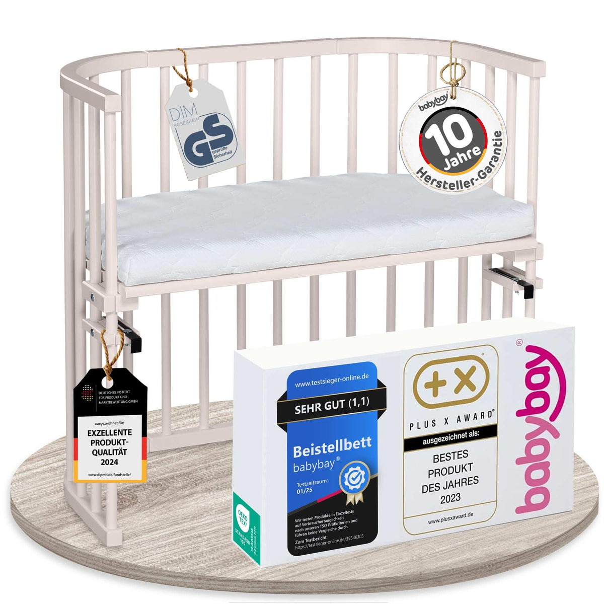 babybay Original Beistellbett aus massivem Buchenholz mit Matratze, höhenverstellbares Babybett für Neugeborene