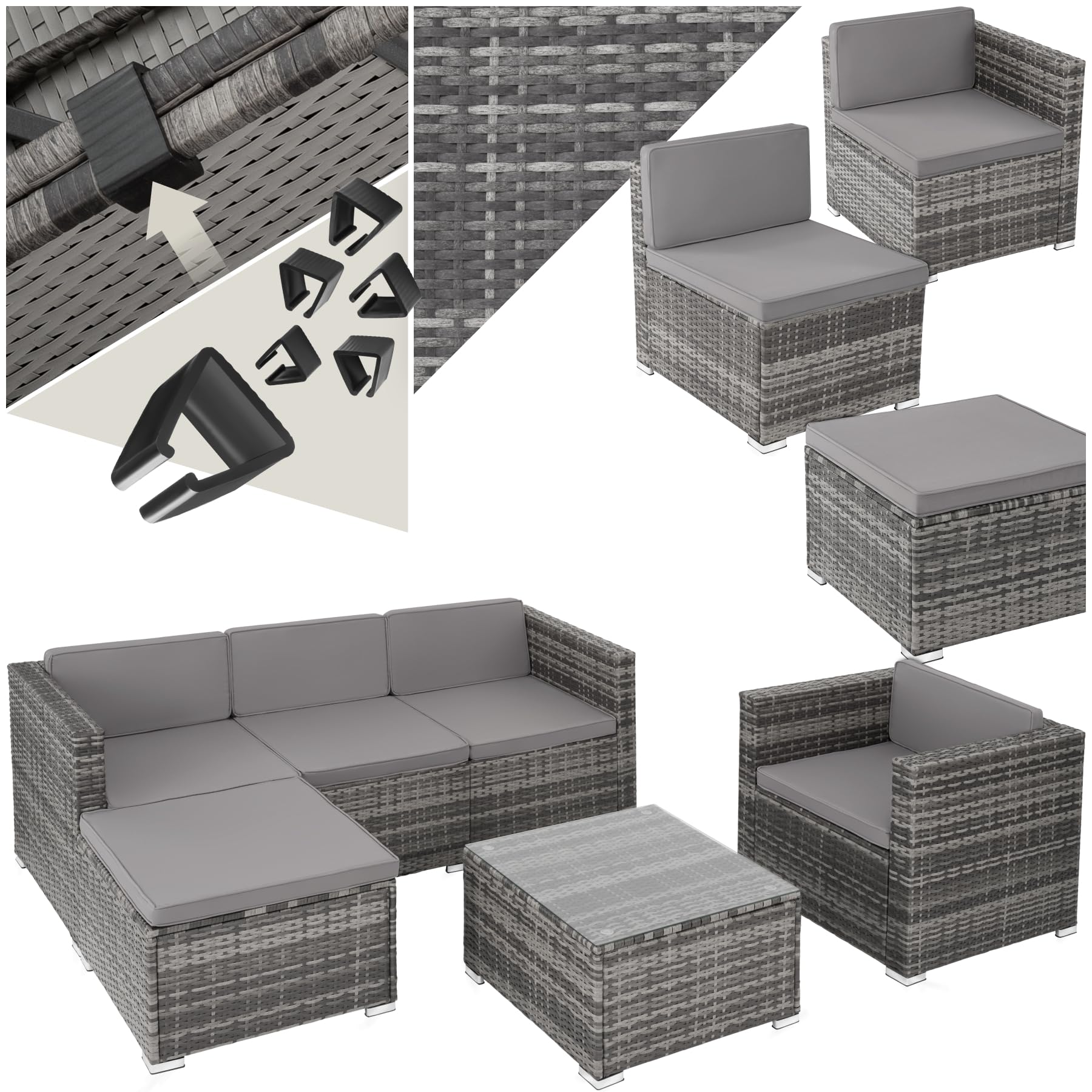 tectake Gartenmöbel Set Poly Rattan mit Sofa, Sesseln, Hocker & Tisch, modulare Gartenlounge wetterfest für Garten, Terrasse & Balkon