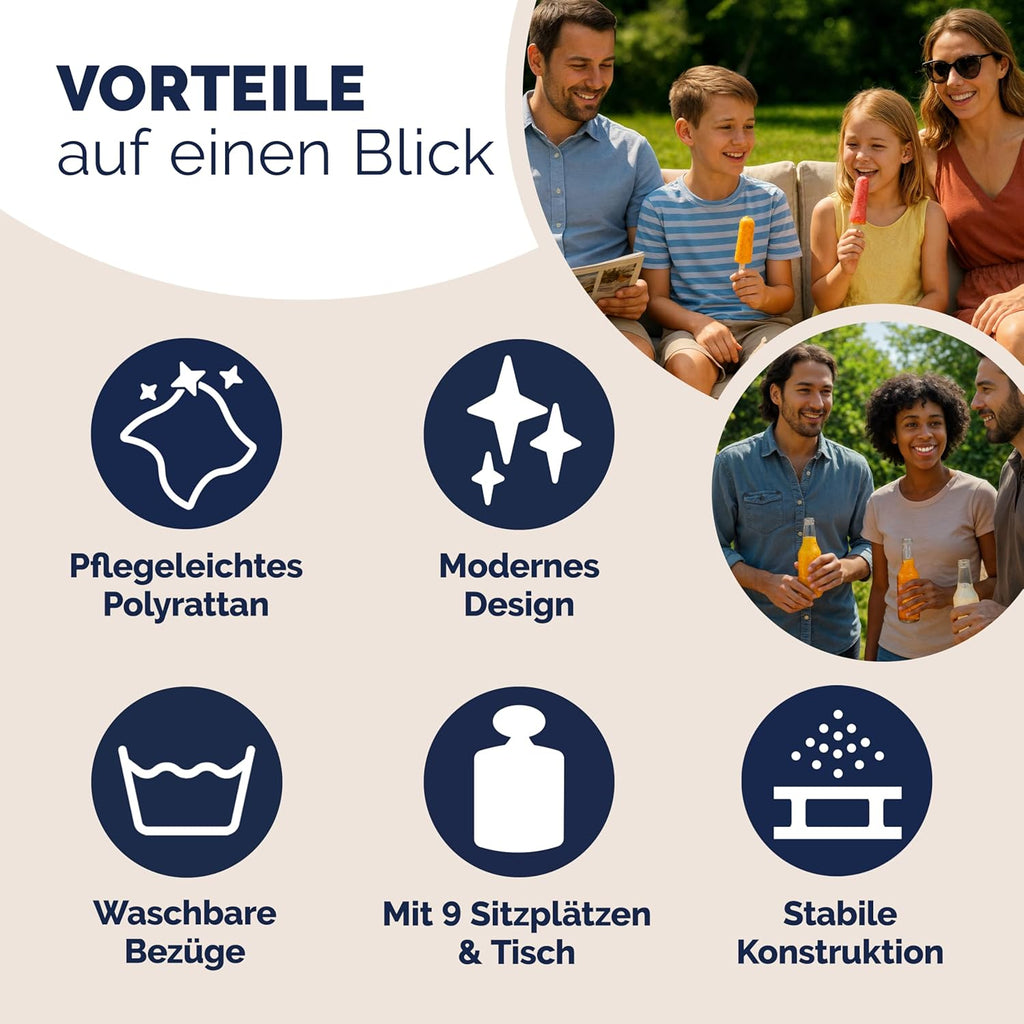 Casaria Polyrattan Ecklounge Set Schwarz für 9 Personen – Gartenmöbel Set mit WPC Tisch, Sessel & 2 Hockern