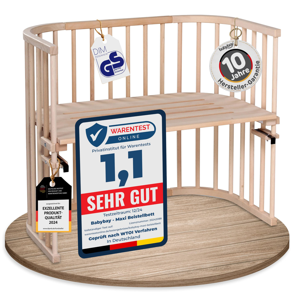 babybay Original Beistellbett aus massivem Buchenholz mit Matratze, höhenverstellbares Babybett für Neugeborene