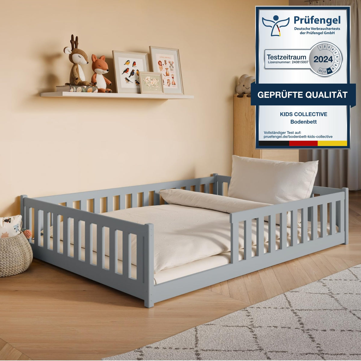 Kids Collective Kinderbett Bodenbett 120x200 cm Bett mit Rausfallschutz & Lattenrost Montessori Bett Bed Gitterbett Kinder Jugendbett Einzelbett |