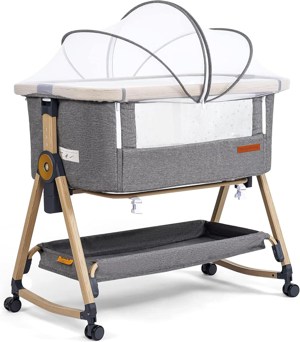 Maydolly 3-in-1 Beistellbett Baby Grau mit Matratze, höhenverstellbares Babybett mit Rollen & Moskitonetz