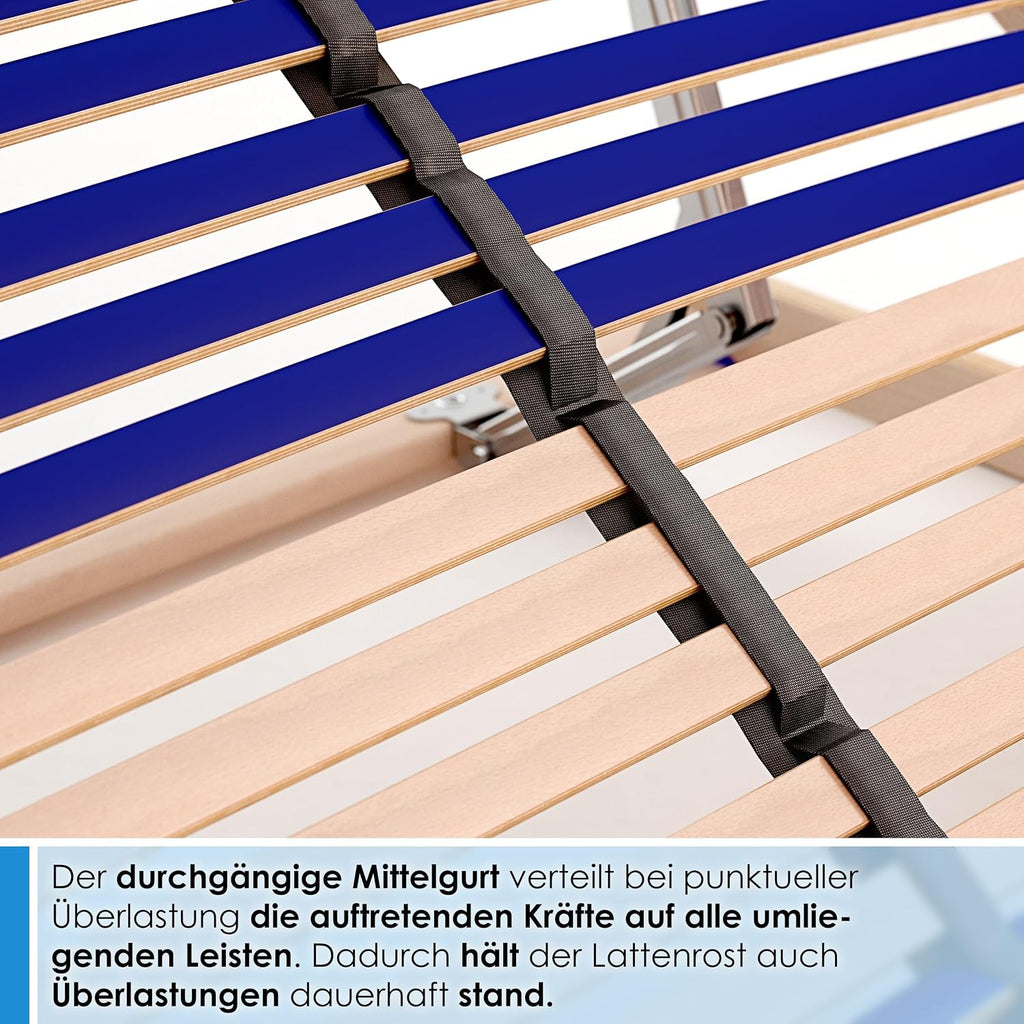 stabiler Lattenrost 100% BUCHE Lattenrahmen - Kopfteil verstellbar - SCHULTERFRÄSUNG, 7 Zonen, 42 Federleisten, Härte-Regulierung, Mittelgurt - SLEEP