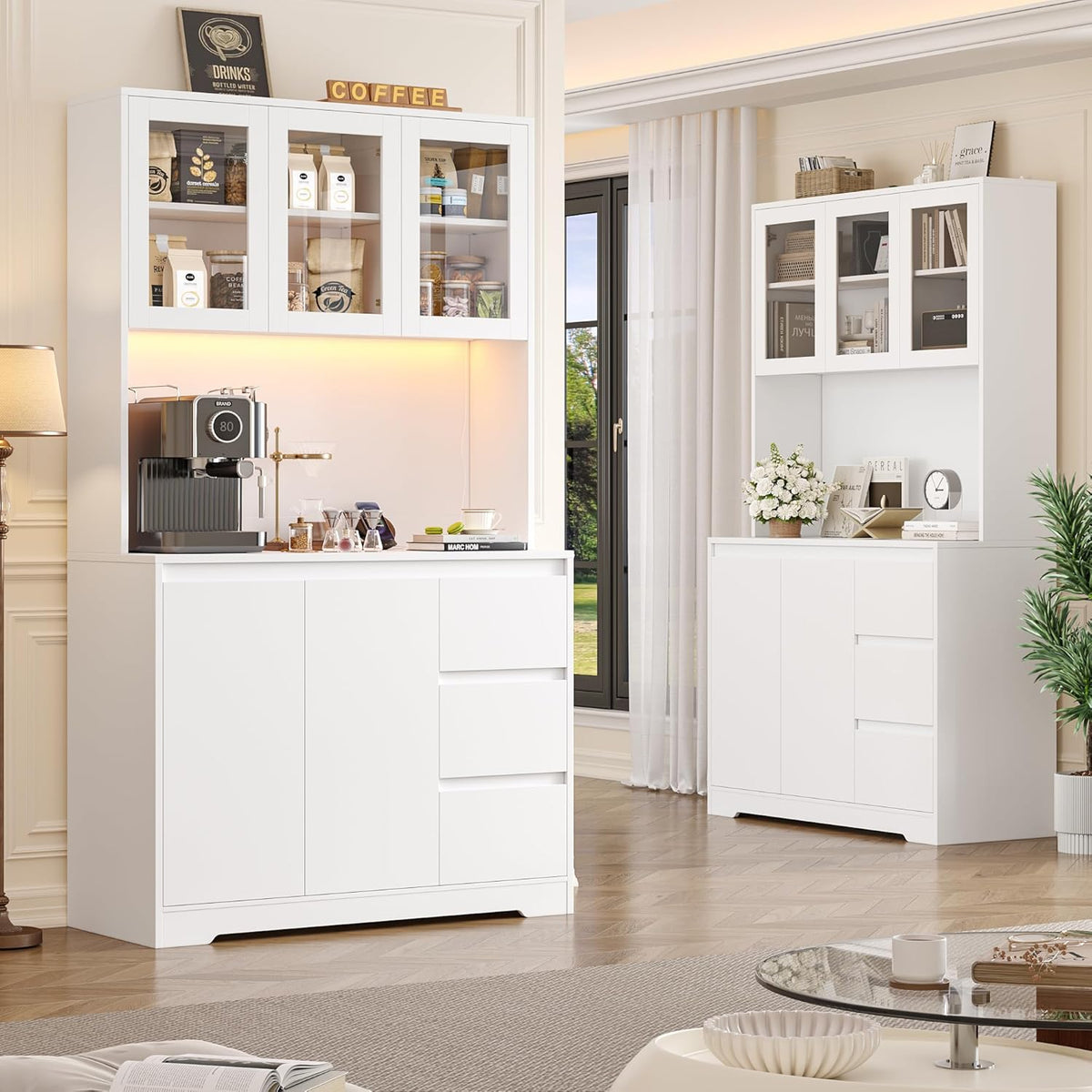 FirFurd Küchenschrank Weiß 180 cm mit LED & Steckdose – Buffetschrank mit Arbeitsplatte, Glastüren & 3 Schubladen