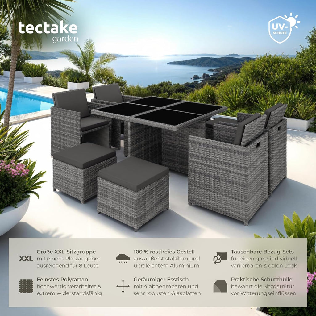 tectake Rattan Lounge Set mit Aluminiumgestell, 4 Stühle, 4 Hocker & Glastisch Wetterfeste Gartenmöbel