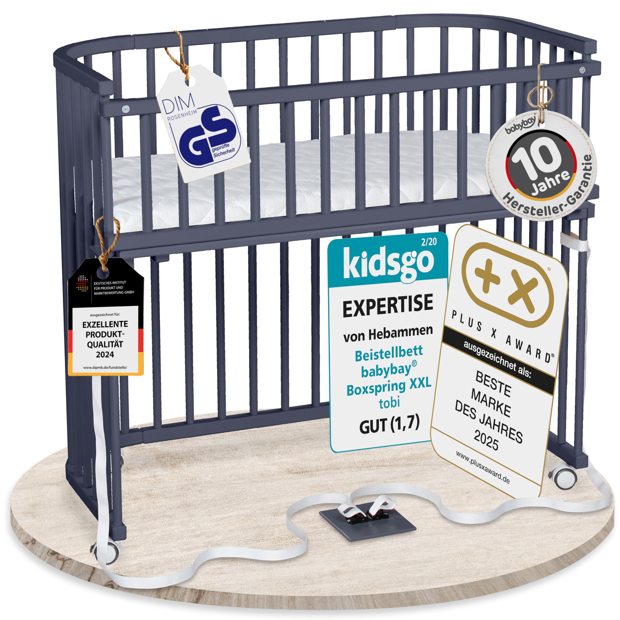 babybay Original Beistellbett aus massivem Buchenholz mit Matratze, höhenverstellbares Babybett für Neugeborene