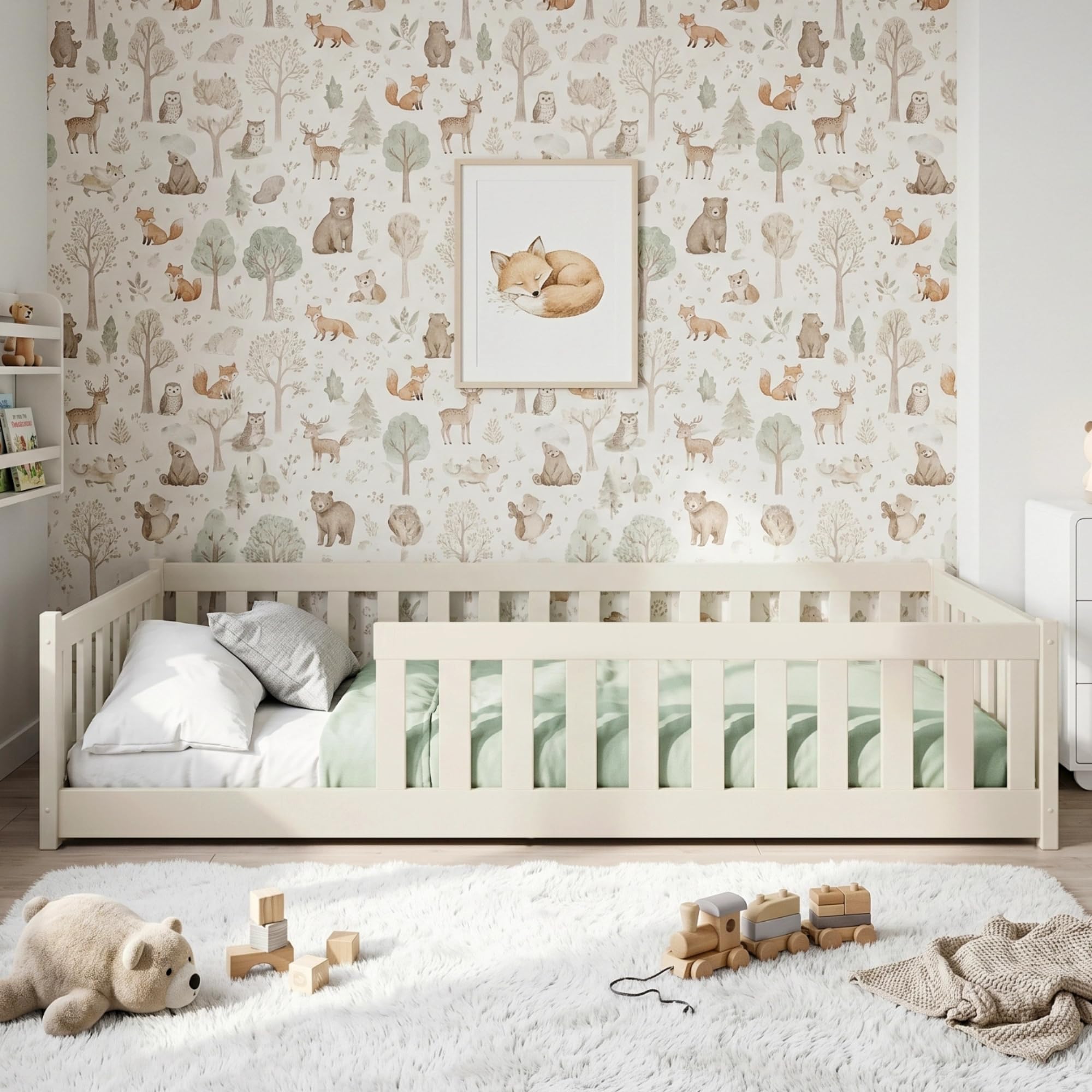 Kids Collective Kinderbett Bodenbett 120x200 cm Bett mit Rausfallschutz & Lattenrost Montessori Bett Bed Gitterbett Kinder Jugendbett Einzelbett |
