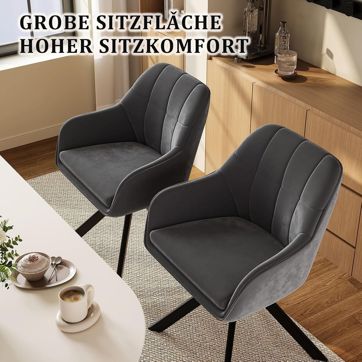 Esszimmerstühle drehbar 4er Set Grau Armlehnenstuhl Polsterstuhl drehstuhl Esszimmer drehstühle aus Samt Küchenstuhl mit Metallbeine für Wohnzimmer