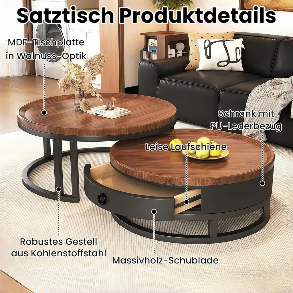 Couchtisch 2er Set rund mit Schublade, Satztische in Walnussoptik, Wohnzimmertisch mit Metallrahmen und Stauraum