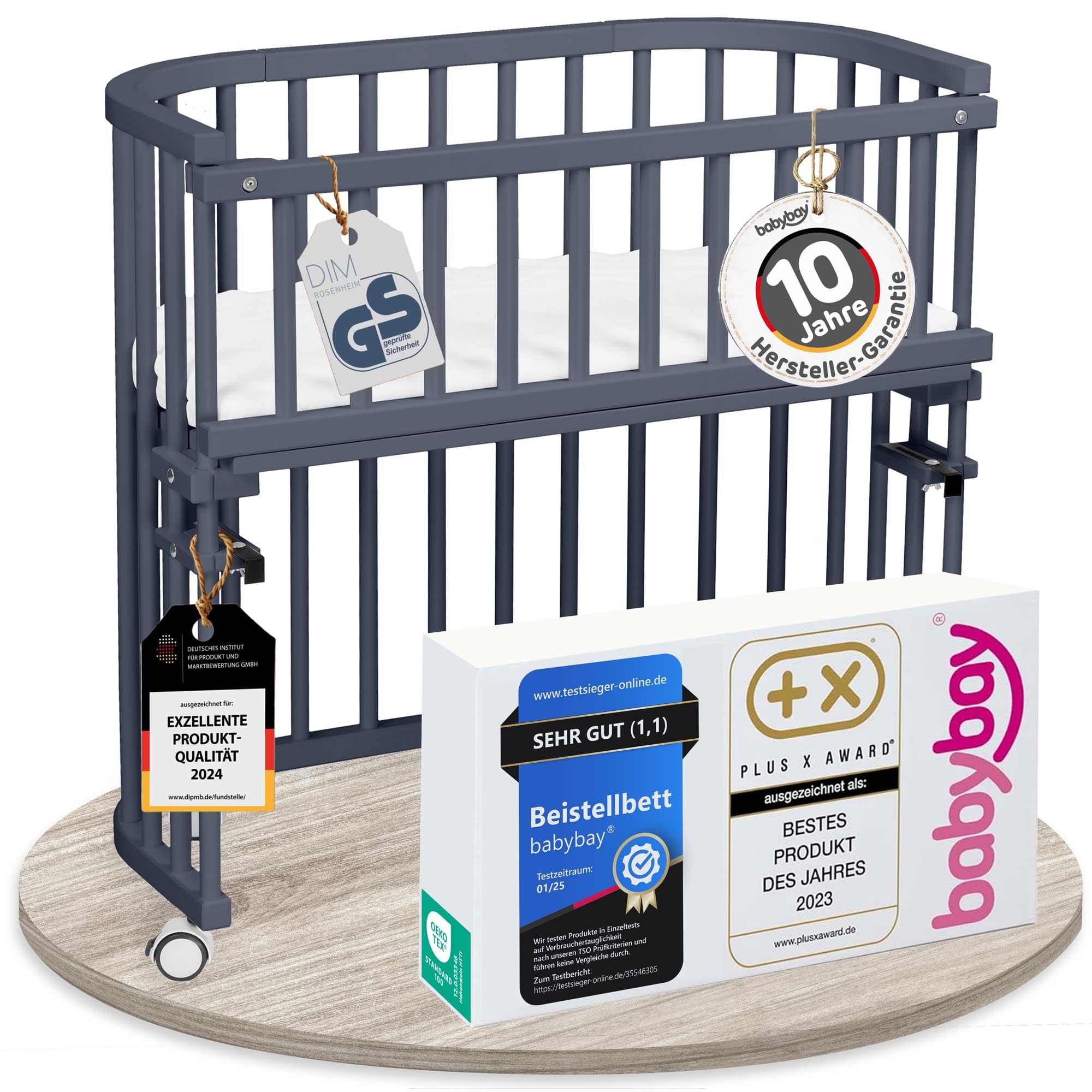babybay Original Beistellbett aus massivem Buchenholz mit Matratze, höhenverstellbares Babybett für Neugeborene