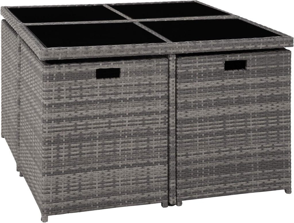 tectake Rattan Lounge Set mit Aluminiumgestell, 4 Stühle, 4 Hocker & Glastisch Wetterfeste Gartenmöbel