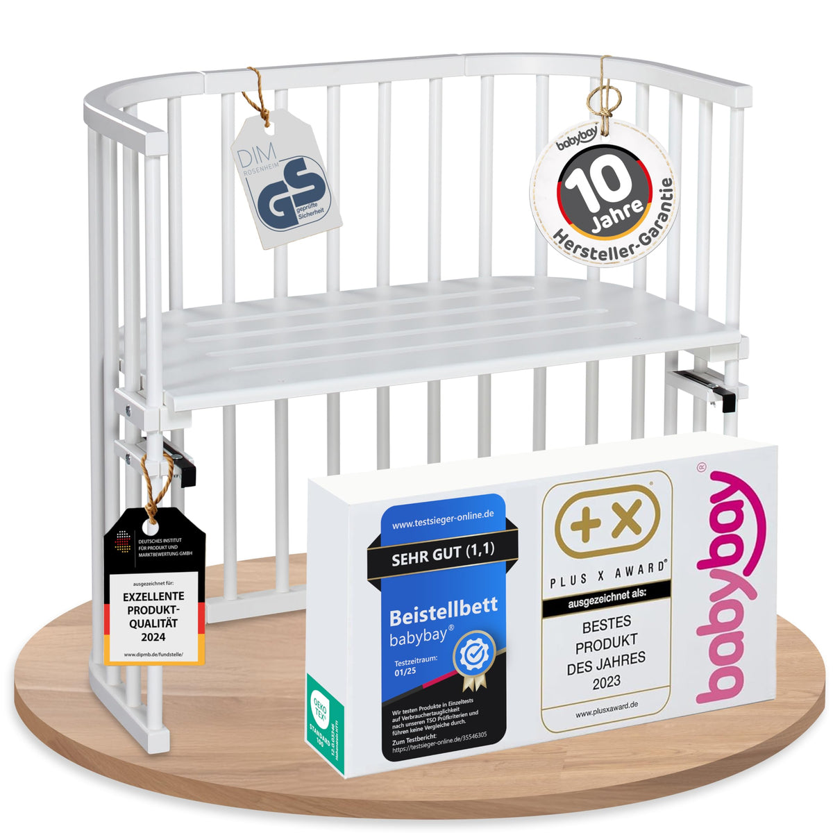 babybay Original Beistellbett aus massivem Buchenholz mit Matratze, höhenverstellbares Babybett für Neugeborene