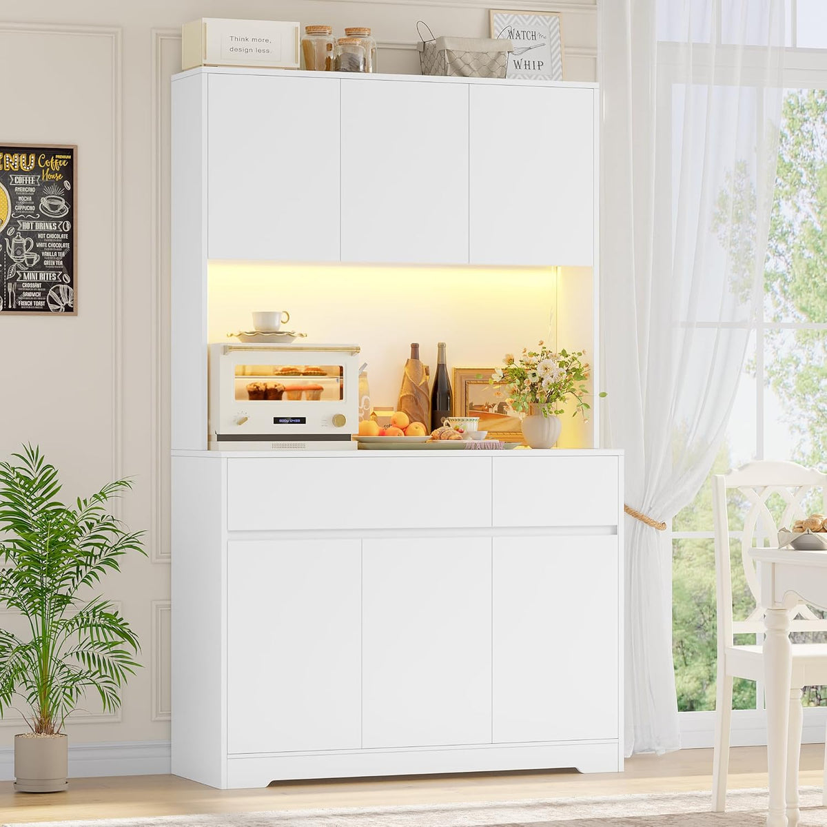 FirFurd Küchenschrank Buffetschrank Weiß 180x100x38,5 cm – Sideboard mit LED, Steckdose, Arbeitsplatte, Türen & Schubladen
