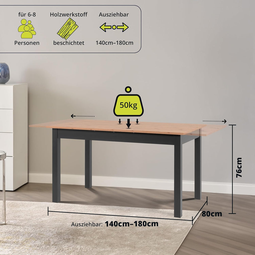 smart Esstisch 140x80 cm Asteiche, Küchentisch ausziehbar bis 180 cm, Esszimmertisch aus Holzwerkstoff inkl. erweiterbare Auszugsplatte, moderner