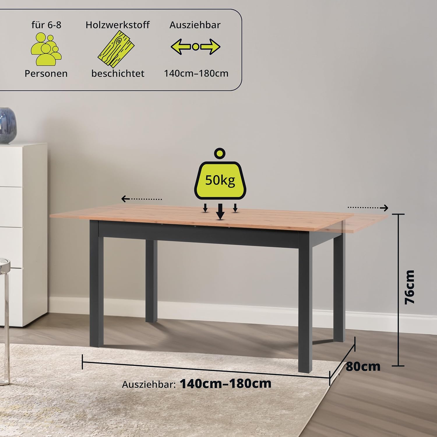 smart Esstisch 140x80 cm Asteiche, Küchentisch ausziehbar bis 180 cm, Esszimmertisch aus Holzwerkstoff inkl. erweiterbare Auszugsplatte, moderner