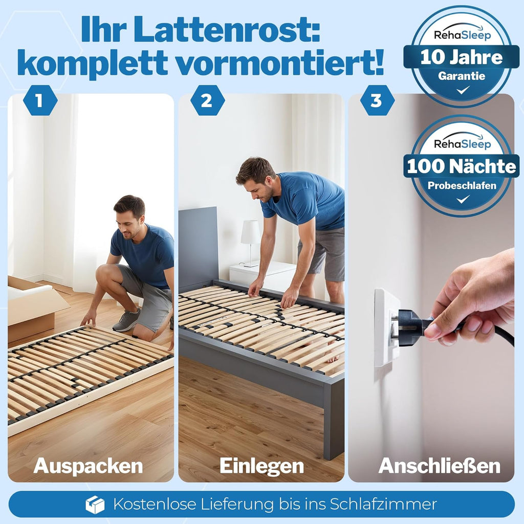 RehaSleep Elektrischer Lattenrost 28 Leisten, 7-Zonen Lattenrahmen aus Birkenholz, verstellbar mit Motor, Natur