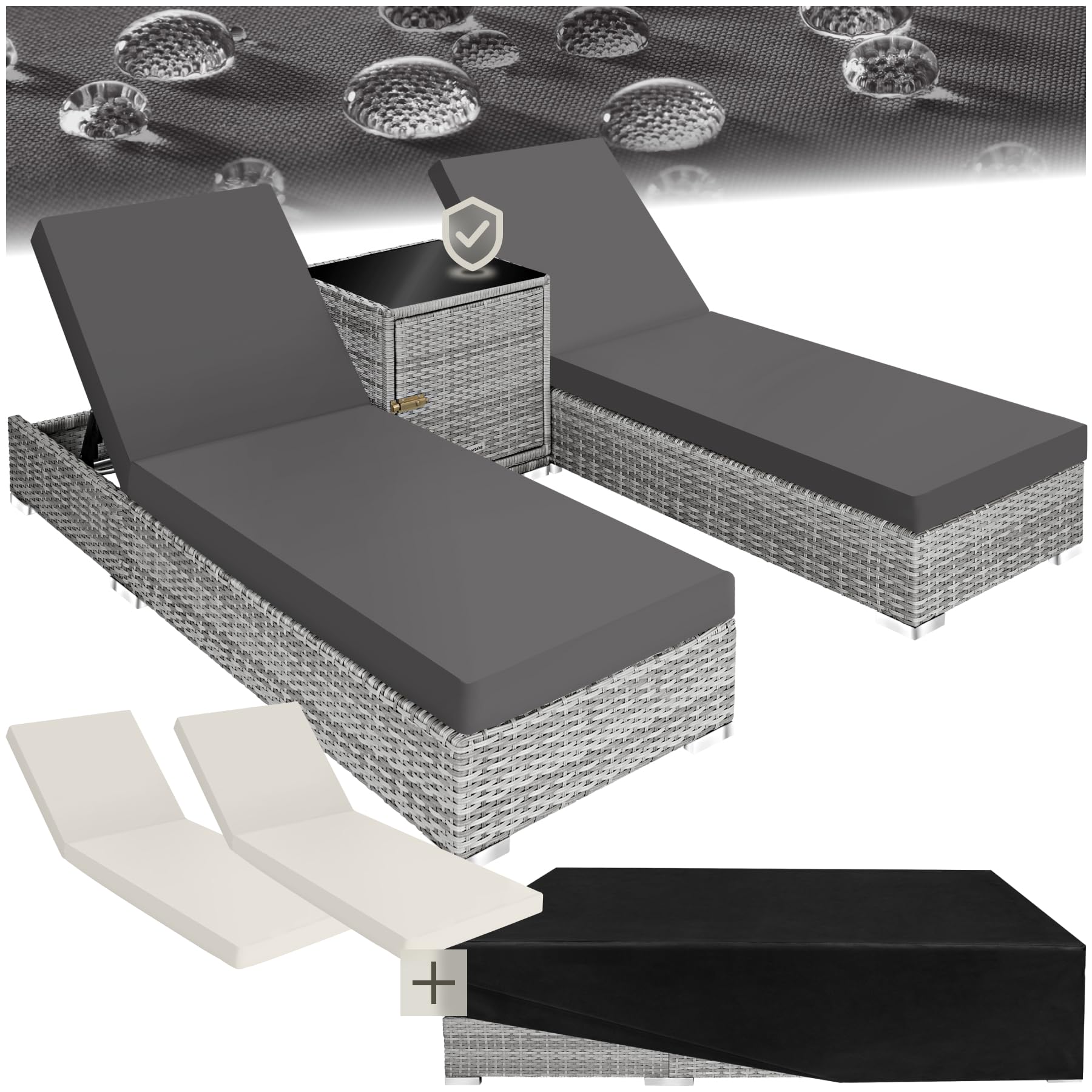 tectake 2er Gartenliegen Set mit Tisch – Polyrattan Sonnenliegen aus Aluminium, 5-fach verstellbar, mit Schutzhüllen