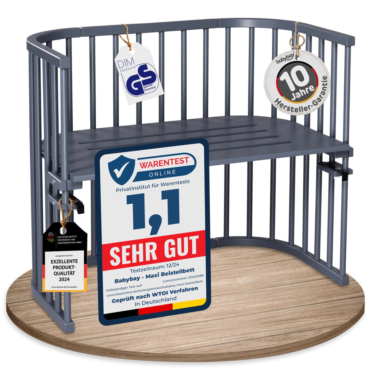 babybay Original Beistellbett aus massivem Buchenholz mit Matratze, höhenverstellbares Babybett für Neugeborene