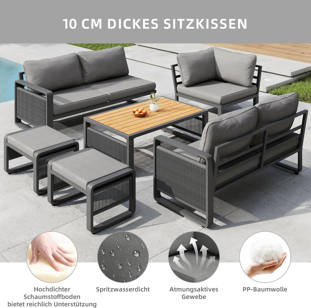 Merax Gartenmöbel Lounge Set Grau für 6–7 Personen, Gartensofa mit Liegefunktion, Ecklounge mit Sitzkissen für Terrasse & Balkon